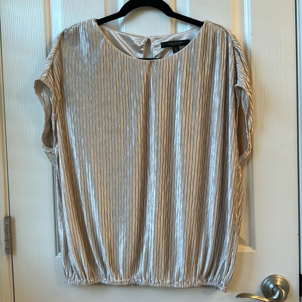 Marc New York Pleated Crinkle Shiny Dressy Top champagne color Medium